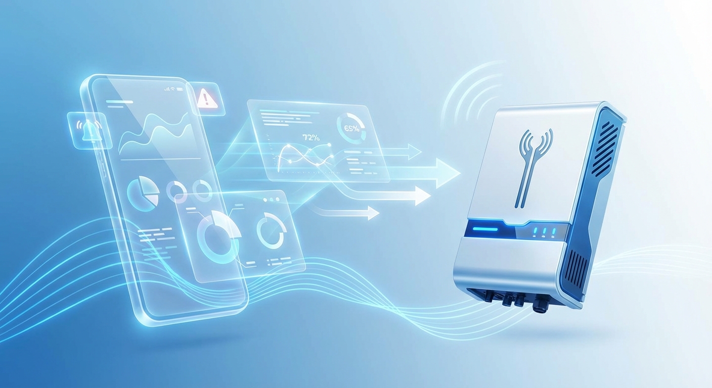 Solar installation professional reviewing inverter specifications on tablet at commercial rooftop site