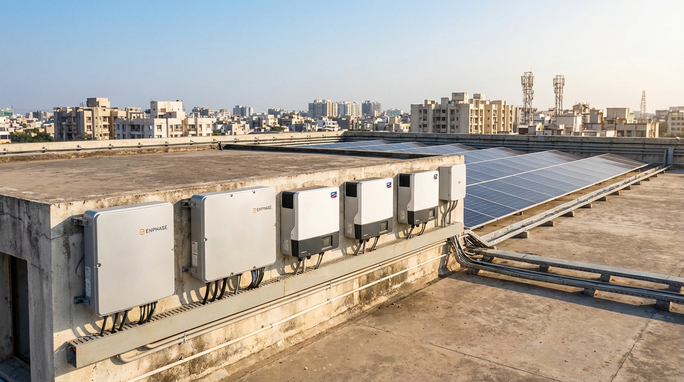 Modern solar inverter installation on Indian commercial rooftop with organized cable management and solar panels