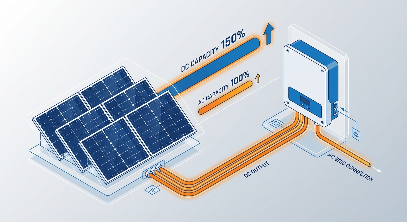 DC oversizing solar inverter system diagram showing panel capacity and inverter rating