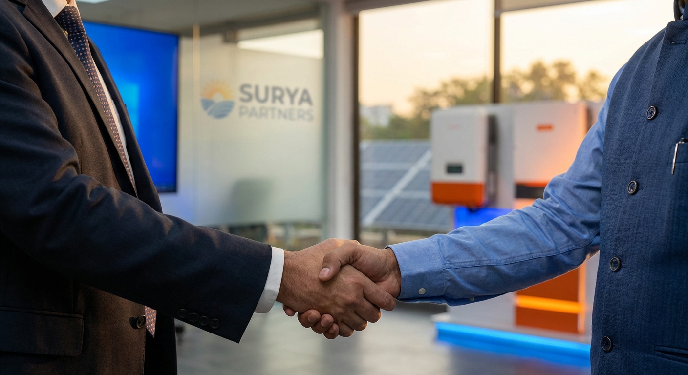 business partnership handshake representing long-term inverter distributor relationships in solar industry