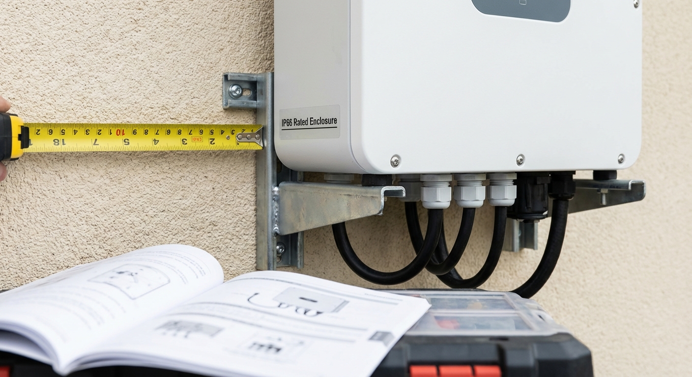 Close-up of professional solar inverter mounting showing proper clearances and weatherproof installation