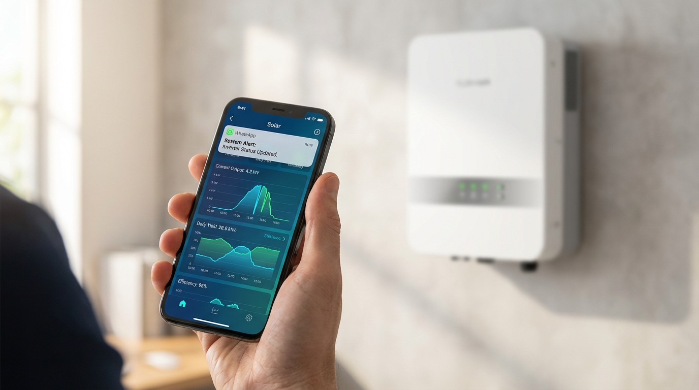 Smart monitoring system showing real-time solar performance data on mobile device with inverter in background