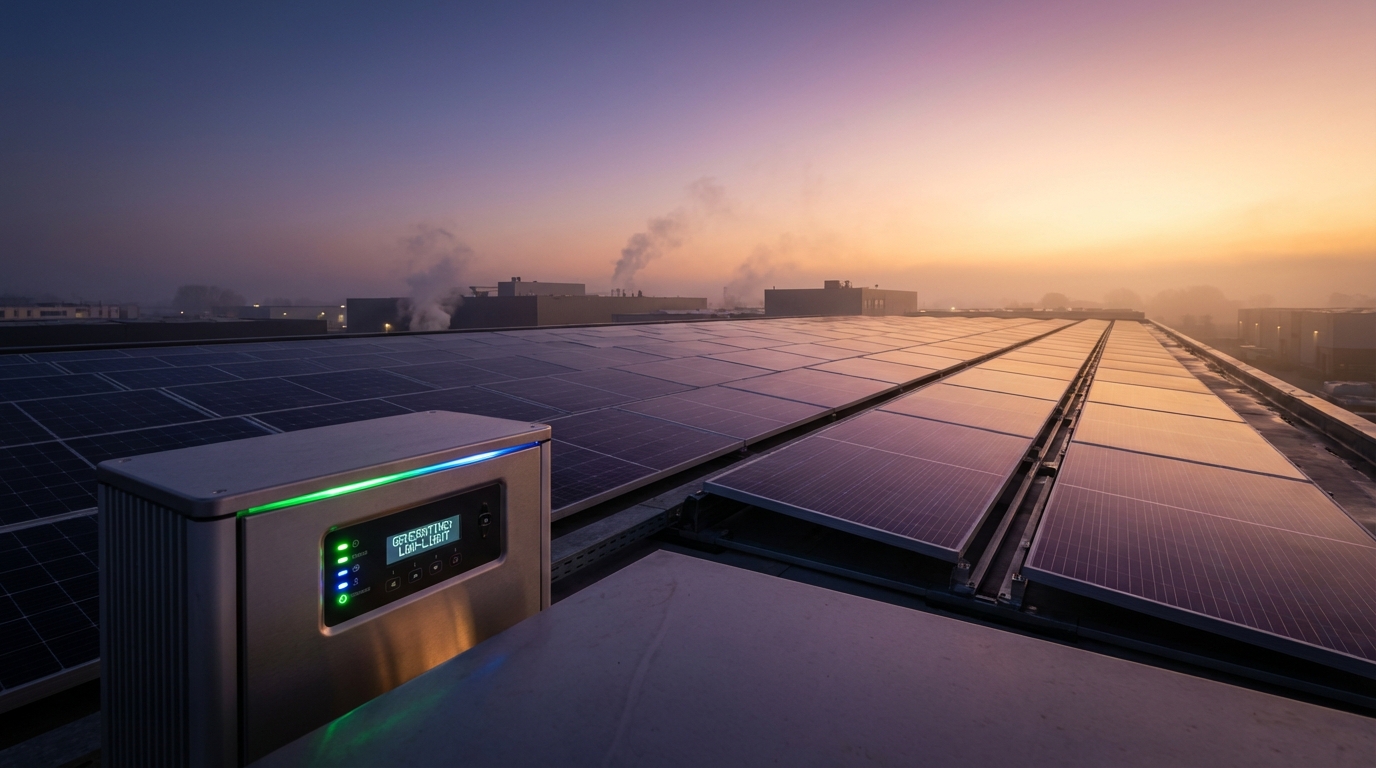 Solar installation at dawn showing inverter operation during low-light conditions with atmospheric sunrise lighting