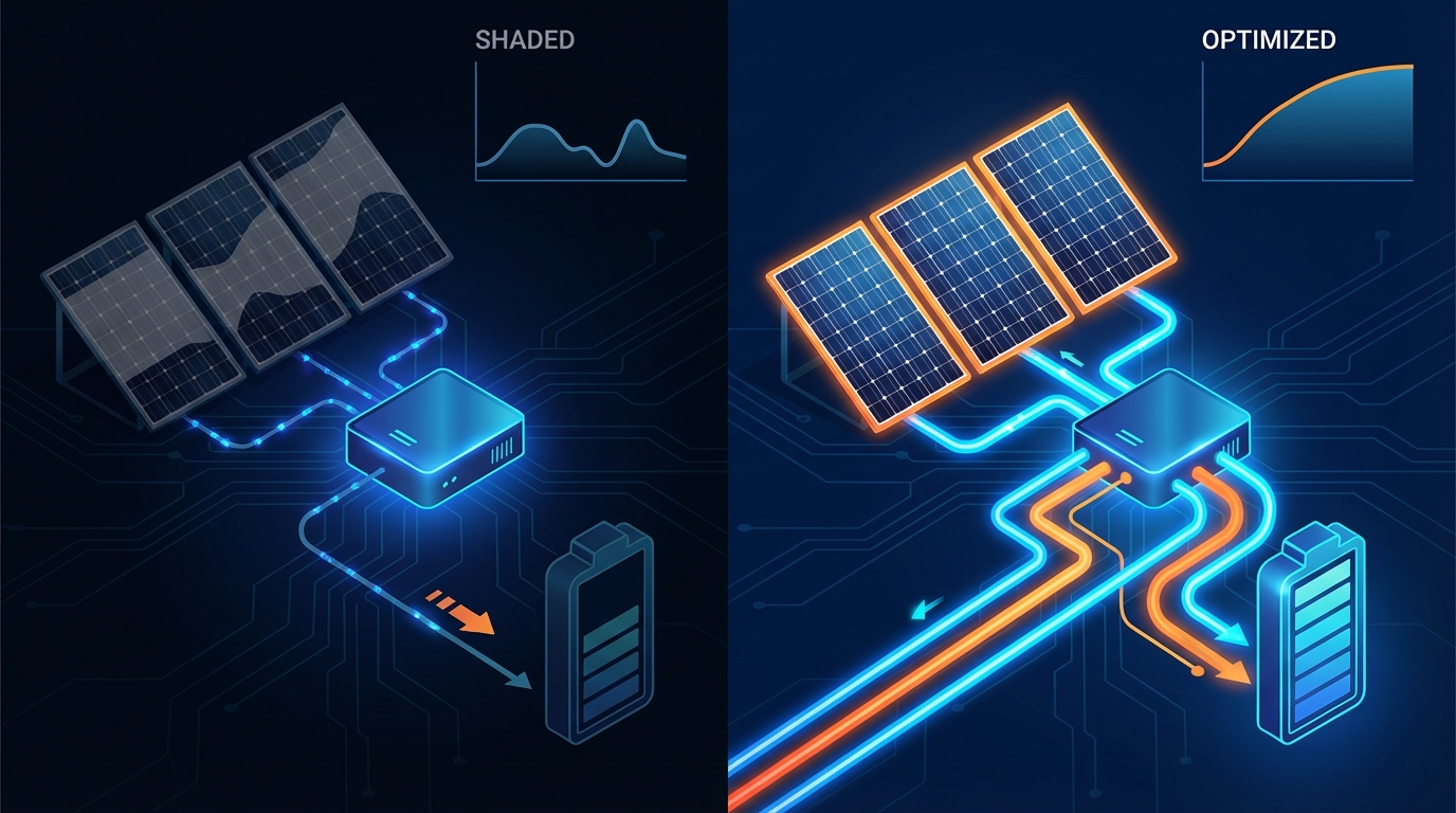 Technical illustration of MPPT technology optimizing solar panel performance with energy flow visualization