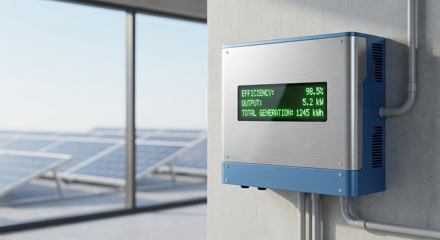 Modern solar inverter displaying efficiency metrics with solar panels in background