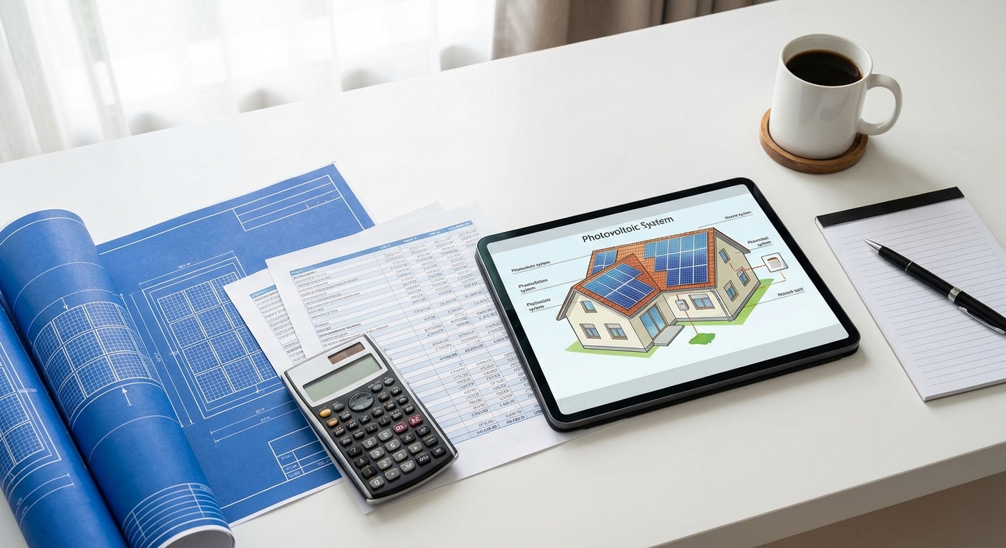 Budget planning desk setup with blueprints, calculator, and solar system cost spreadsheets