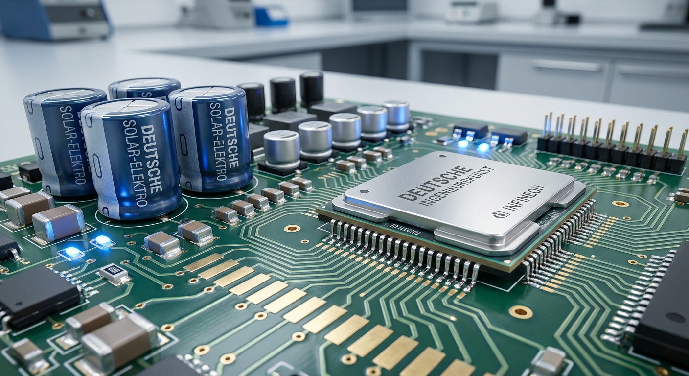 Premium electronic components and circuit boards showing German-grade quality in solar inverters