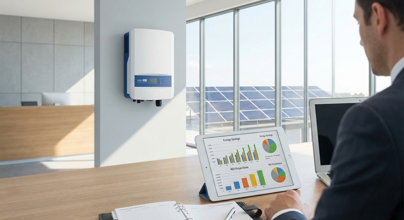 Solar inverter cost analysis with financial planning elements showing modern inverter installation