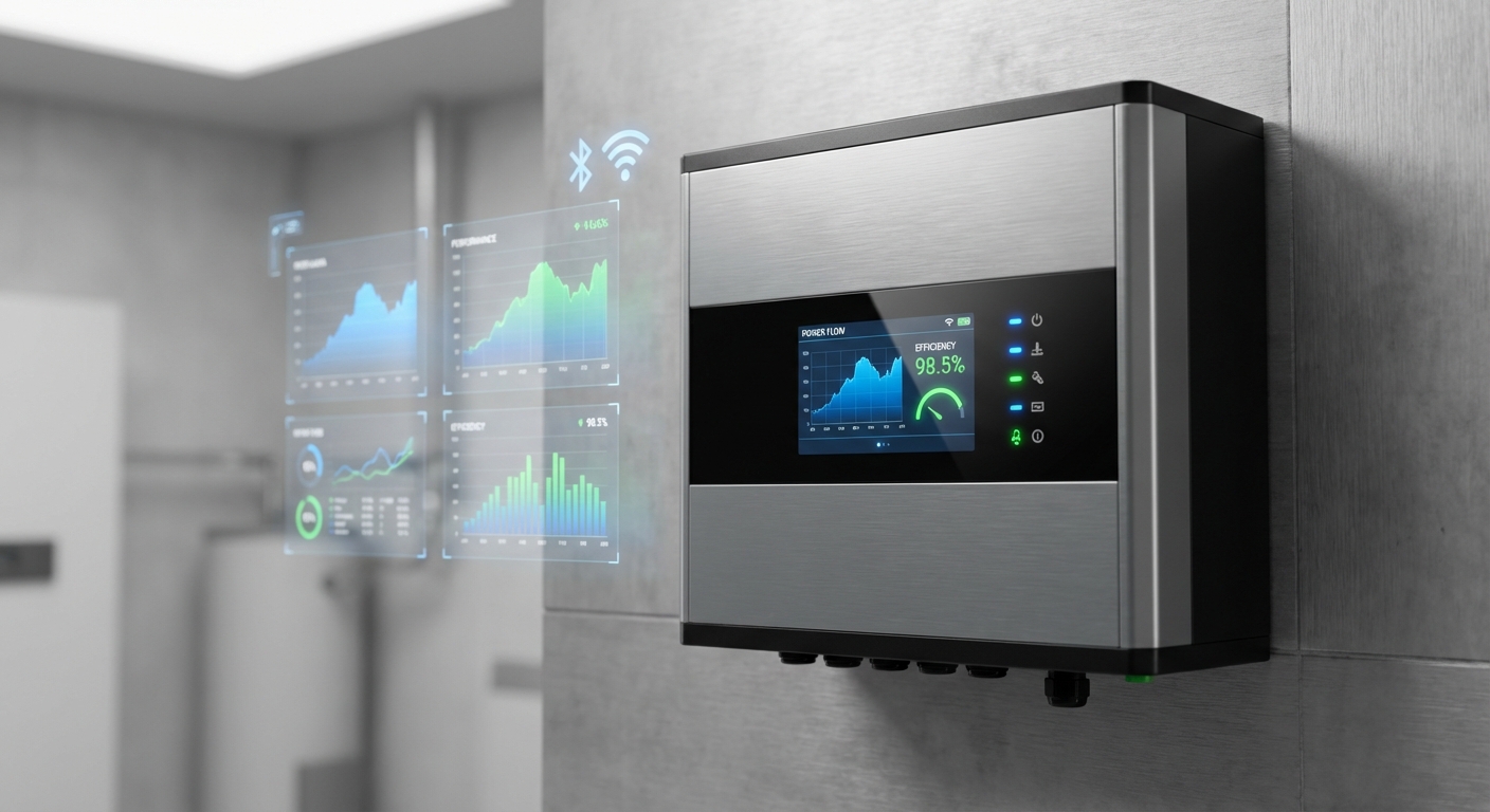 Modern solar inverter with advanced monitoring dashboard showing efficiency and performance metrics