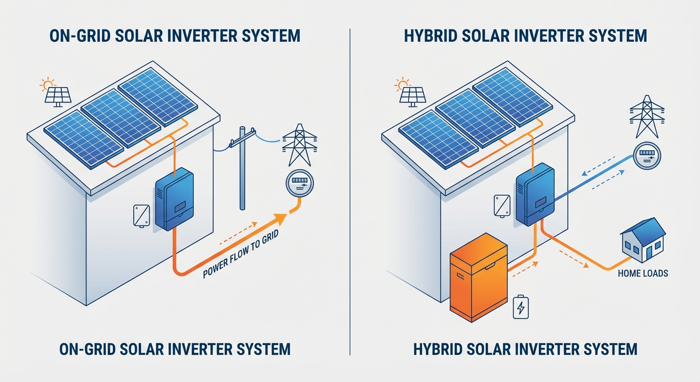 On-grid vs hybrid solar inverter system comparison showing grid connectivity and battery integration