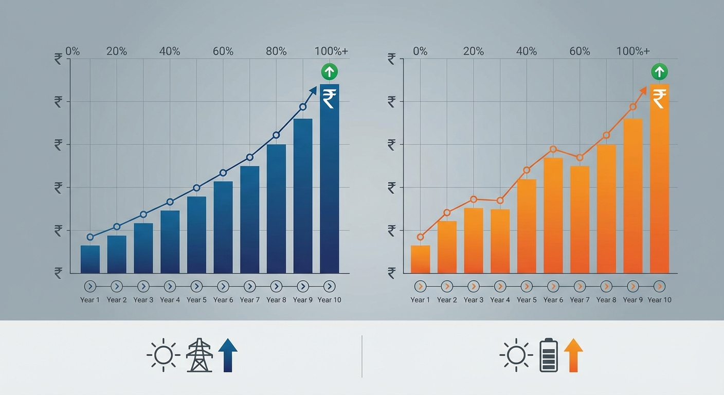ROI comparison chart showing payback periods and long-term savings for on-grid vs hybrid solar inverters
