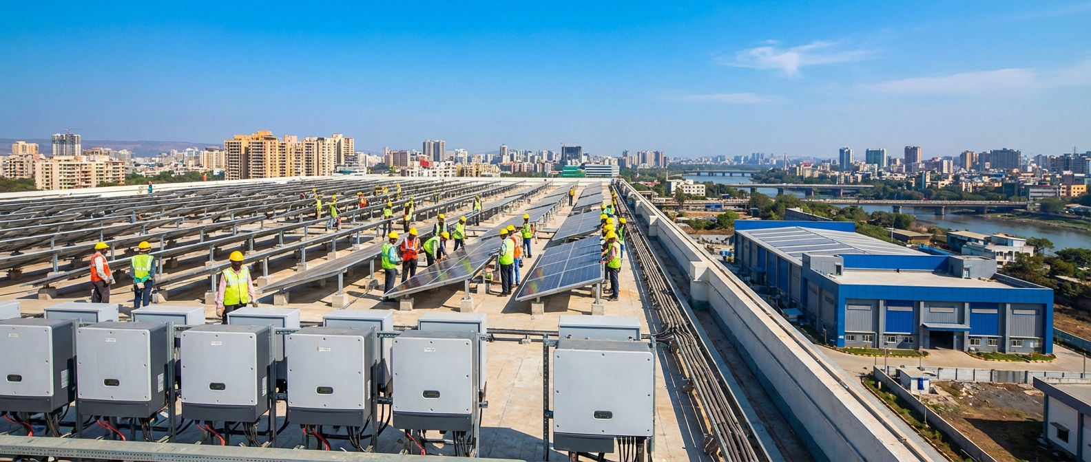Solar EPC India installation team working on commercial rooftop project with professional equipment