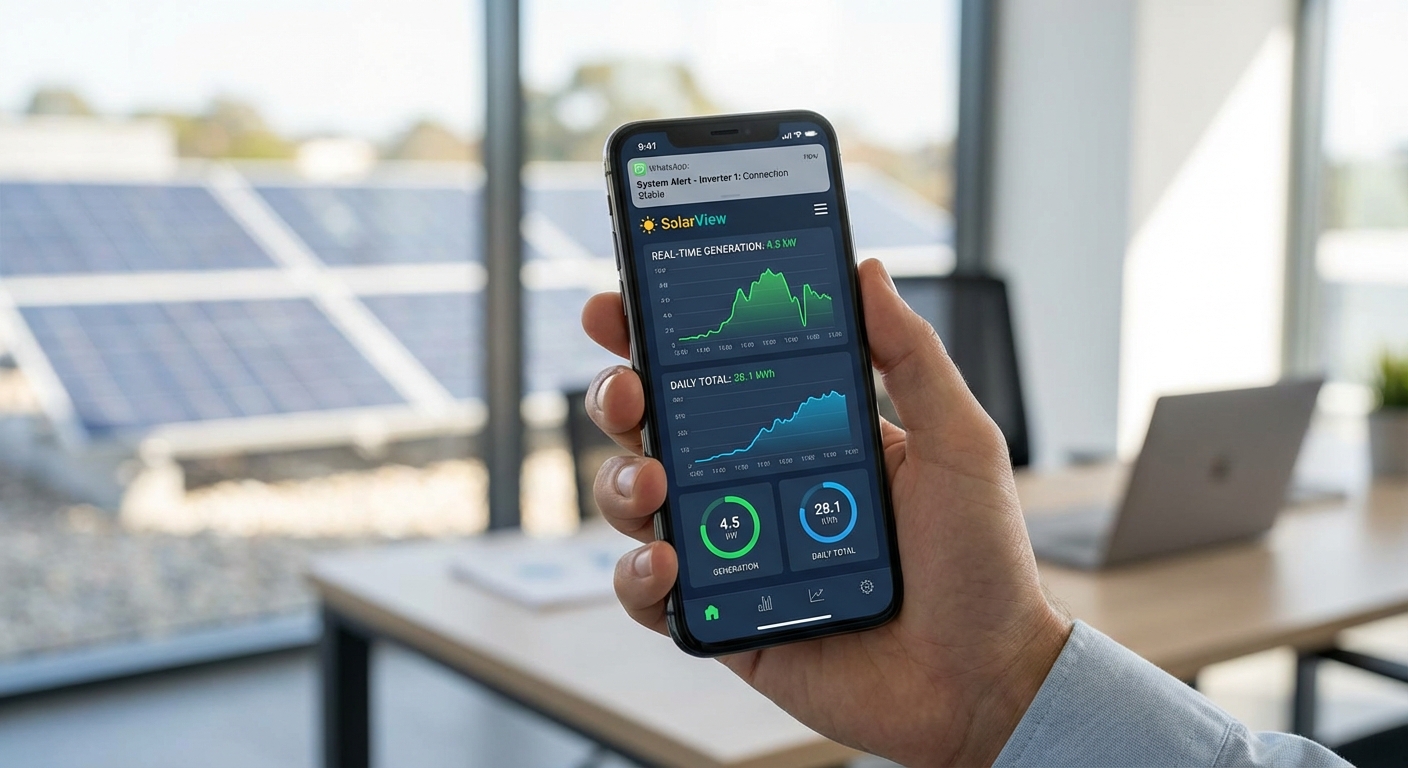 Smartphone displaying solar monitoring app with real-time performance data and WhatsApp alerts for solar EPC India projects