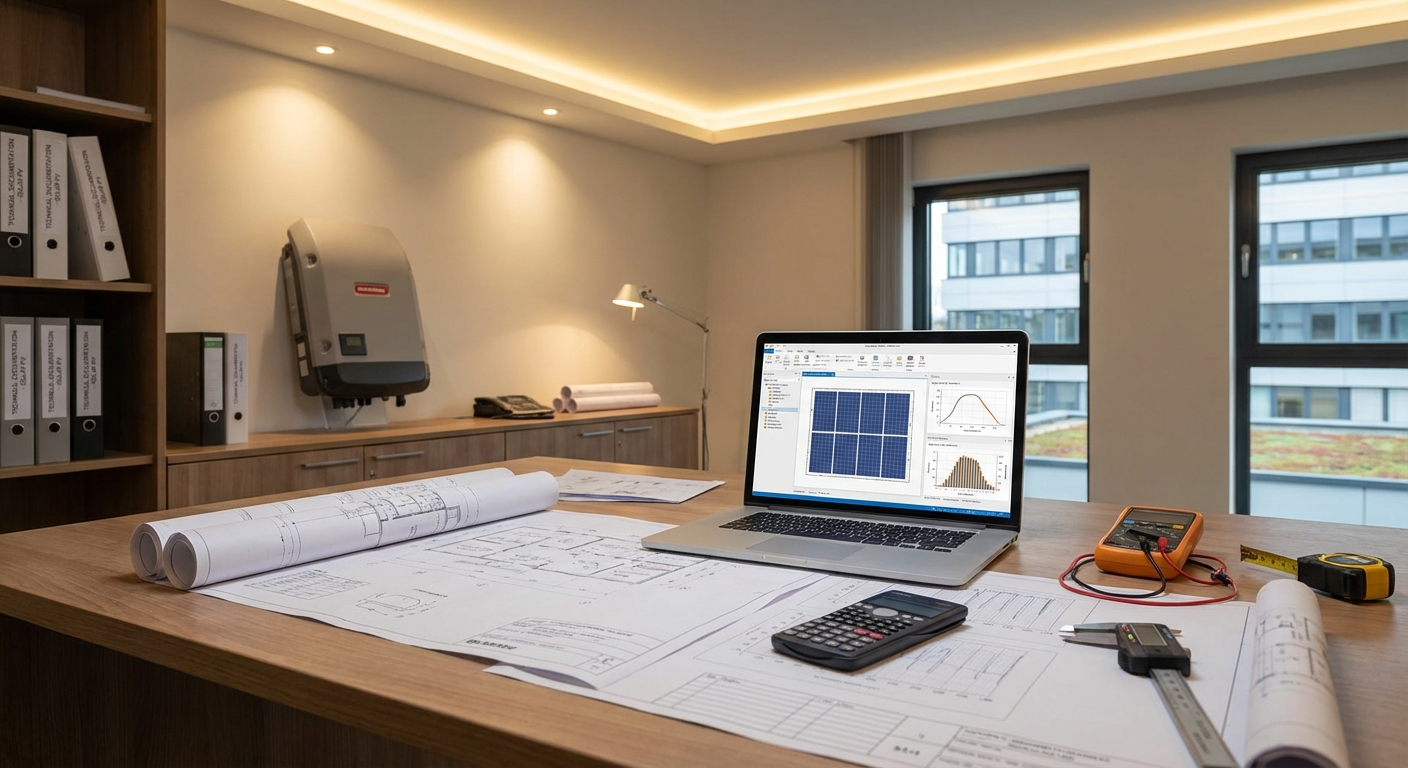 Solar EPC India engineering workspace with system design blueprints and solar inverter equipment