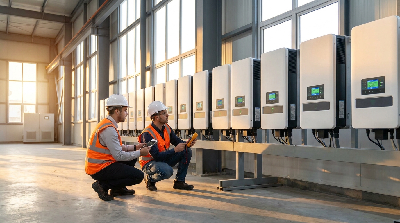 Solar EPC engineers evaluating inverter vendors India equipment in industrial facility