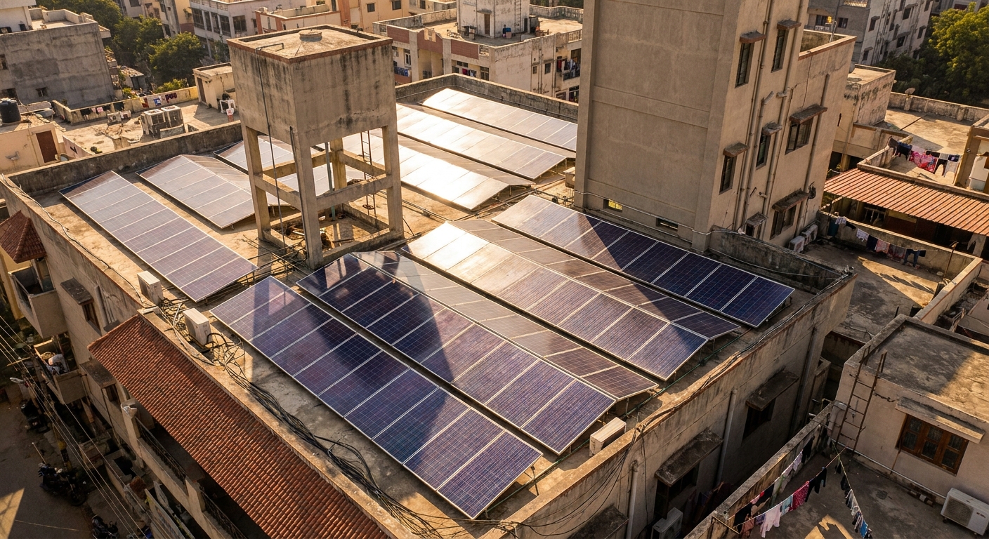partial shading on rooftop solar panels showing MPPT tracking challenge in Indian urban installation