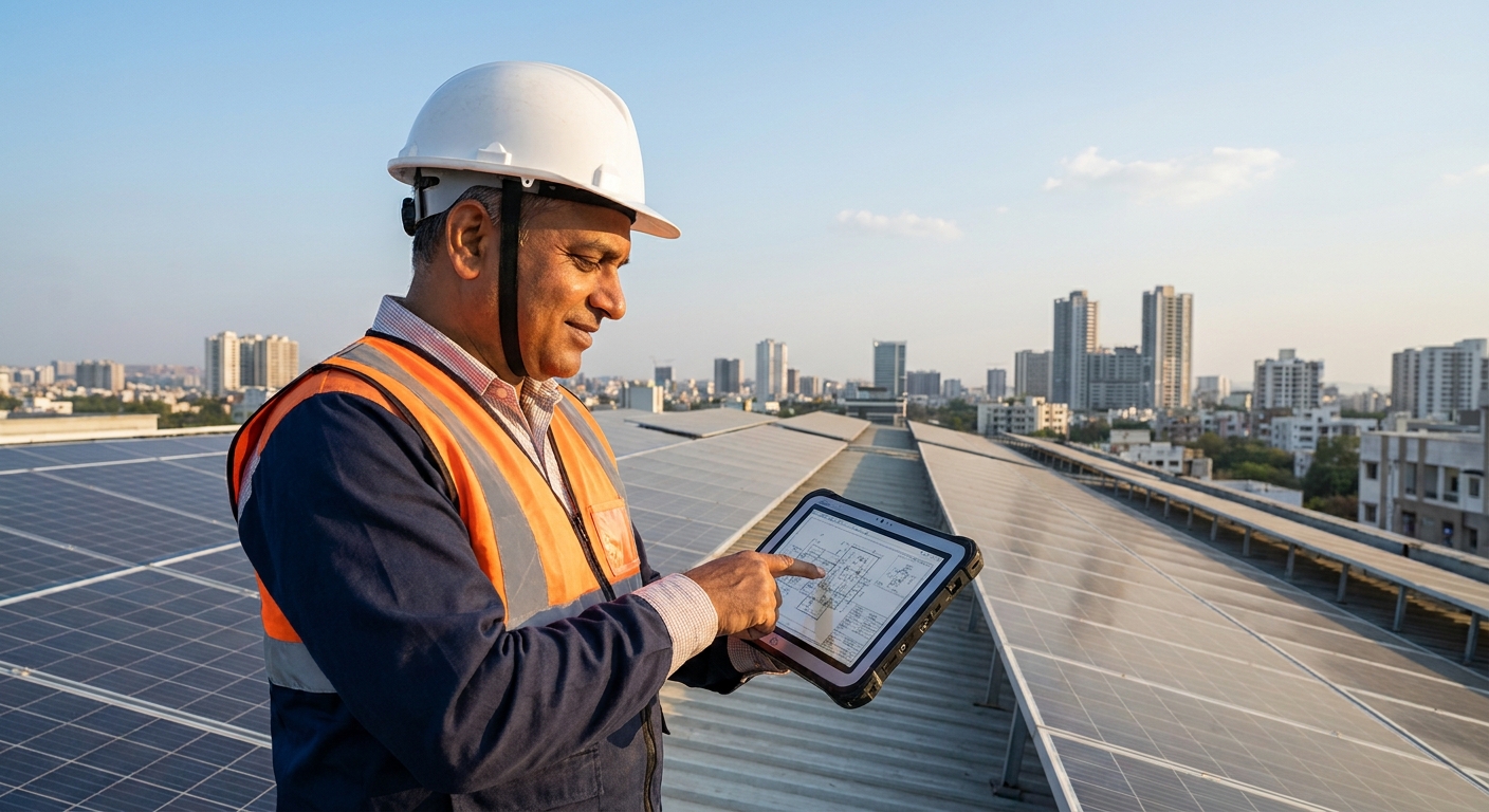 solar EPC engineer reviewing inverter MPPT specifications and panel configuration for Indian rooftop project