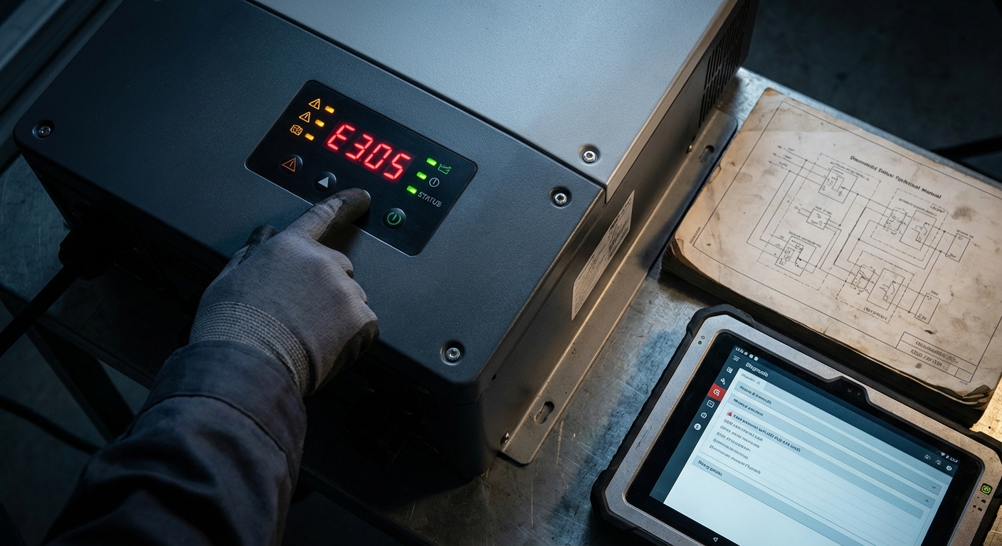 Solar inverter display showing error codes with technician performing diagnostic procedures