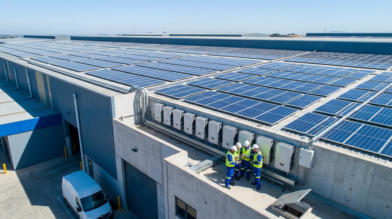 Commercial solar installation showing professional monitoring and maintenance for maximum inverter lifespan