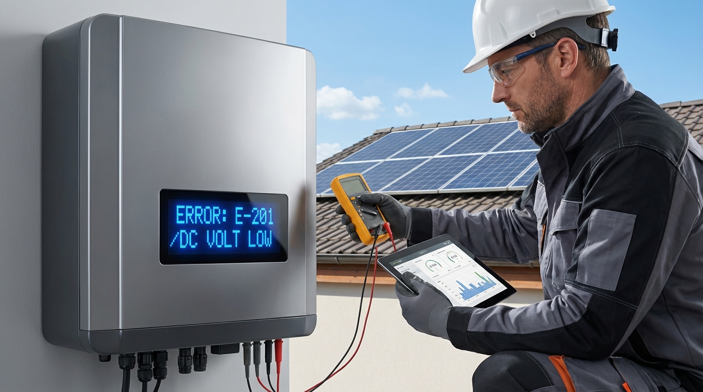 Professional technician performing inverter troubleshooting on rooftop solar installation in India