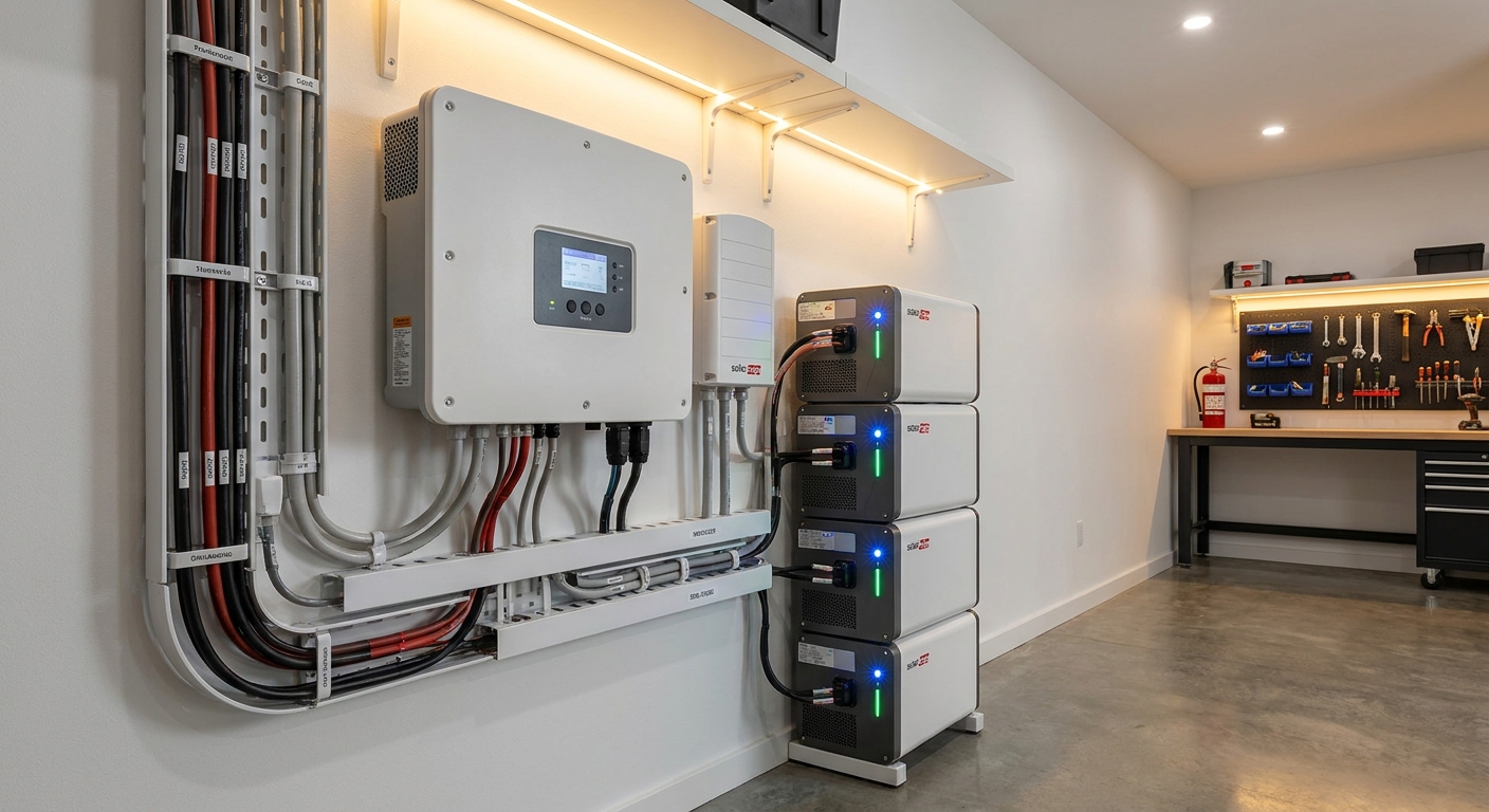 Hybrid solar inverter with battery bank integration showing complete energy storage system setup in India