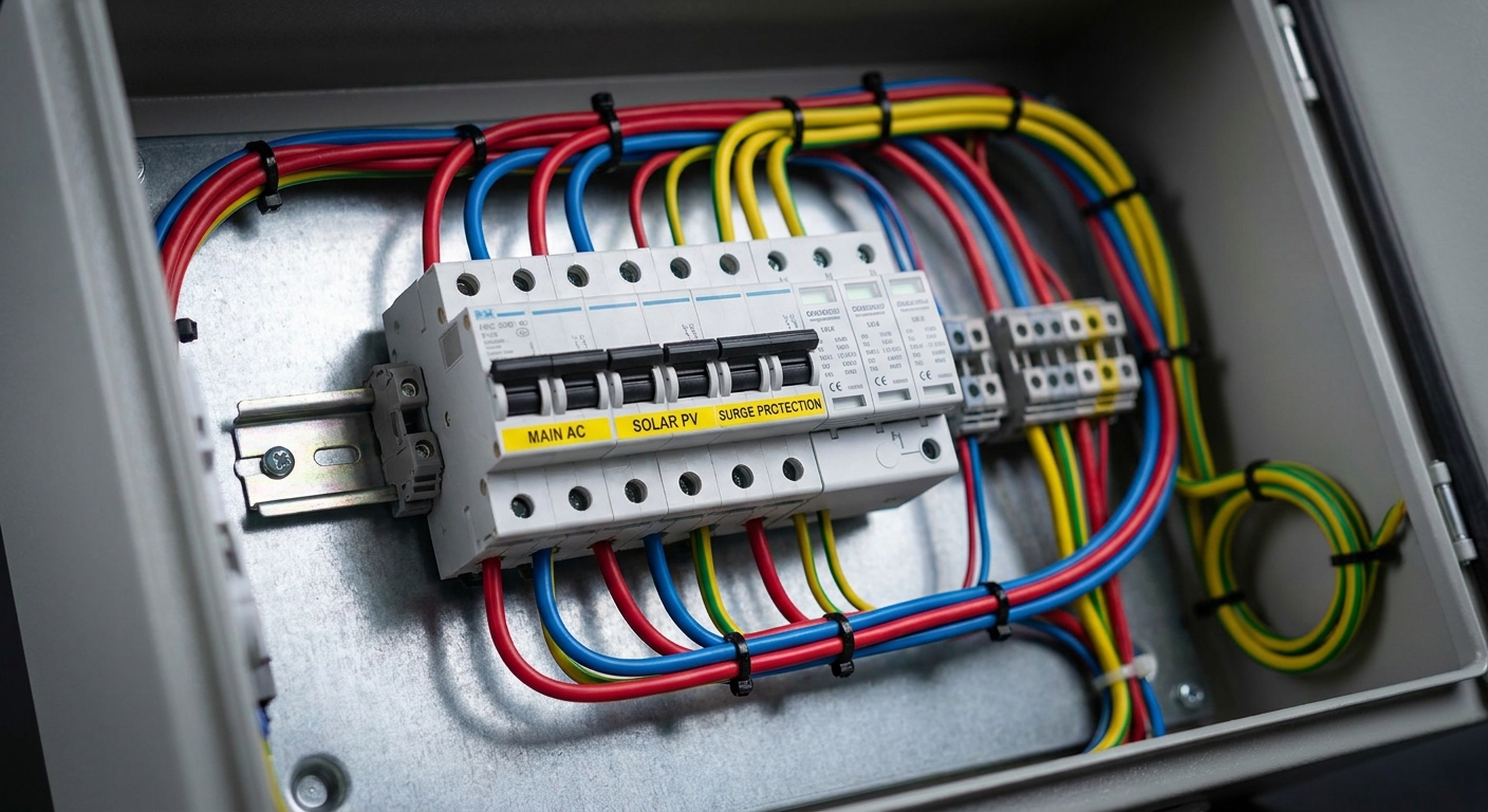 AC wiring and surge protection devices inside an electrical panel for solar inverter integration in India