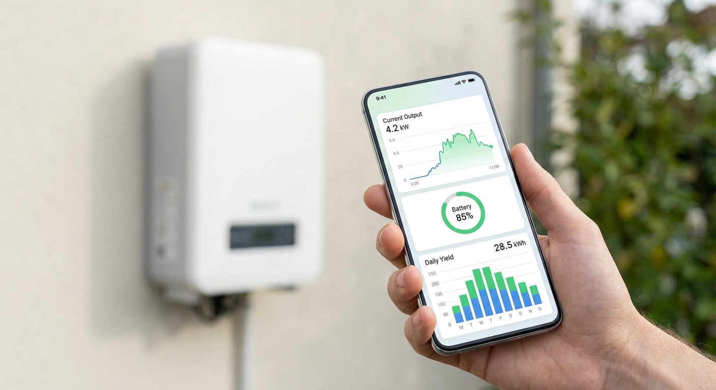 Solar inverter monitoring dashboard on smartphone showing real-time energy data for inverter integration system