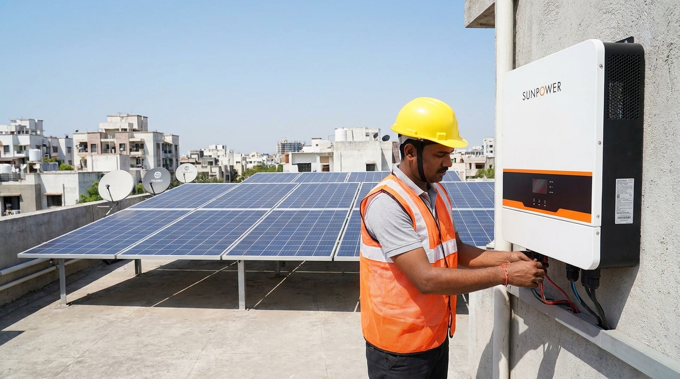 Solar EPC technician performing inverter integration on a rooftop solar installation in India