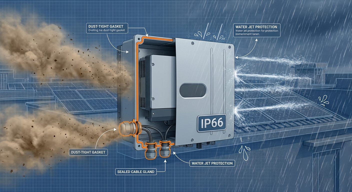 IP65 vs IP66 inverter protection rating system showing dust and water resistance levels for solar installations