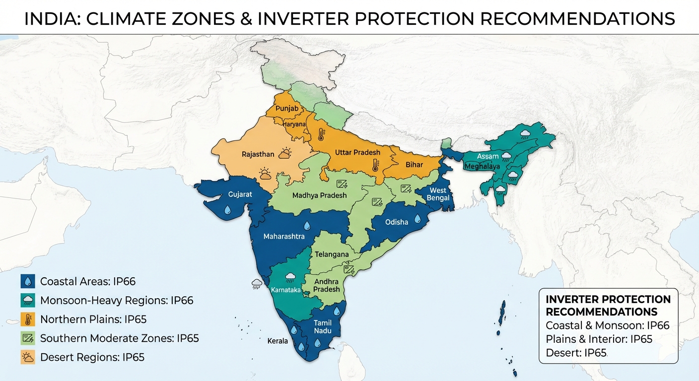 India climate zone map showing recommended IP65 vs IP66 inverter protection levels by region