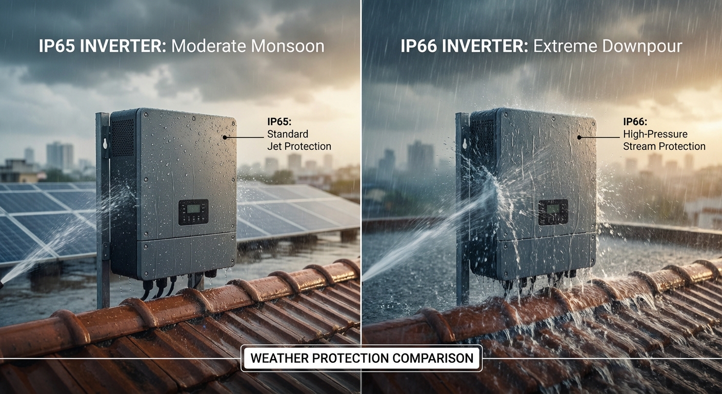 IP65 vs IP66 solar inverter protection comparison during Indian monsoon conditions showing water resistance differences