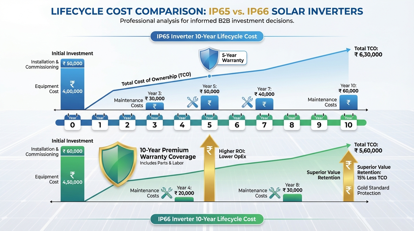 Total cost of ownership comparison between IP65 and IP66 solar inverters showing ROI over 10-year lifespan
