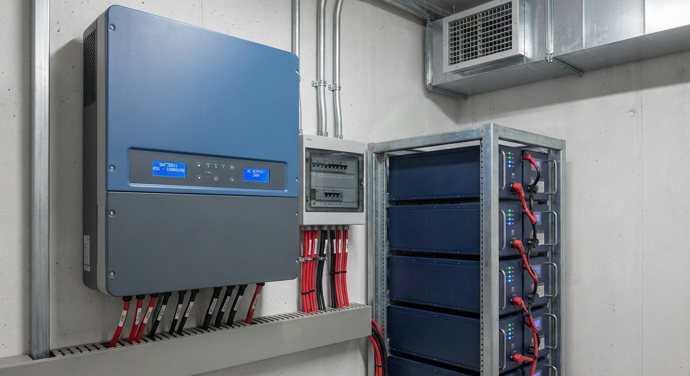 Hybrid solar inverter with integrated lithium-ion battery storage showing proper connection and installation