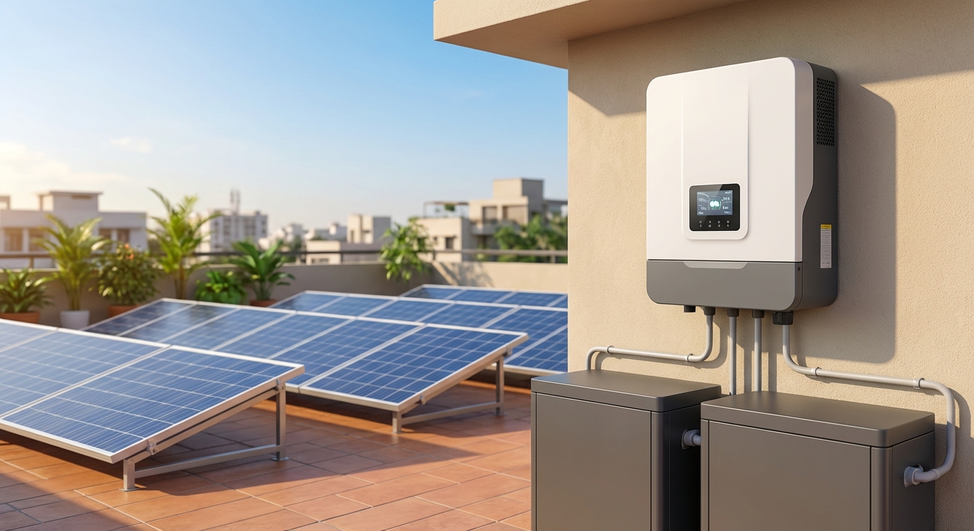 Modern hybrid solar inverter with battery integration installed on Indian rooftop solar system
