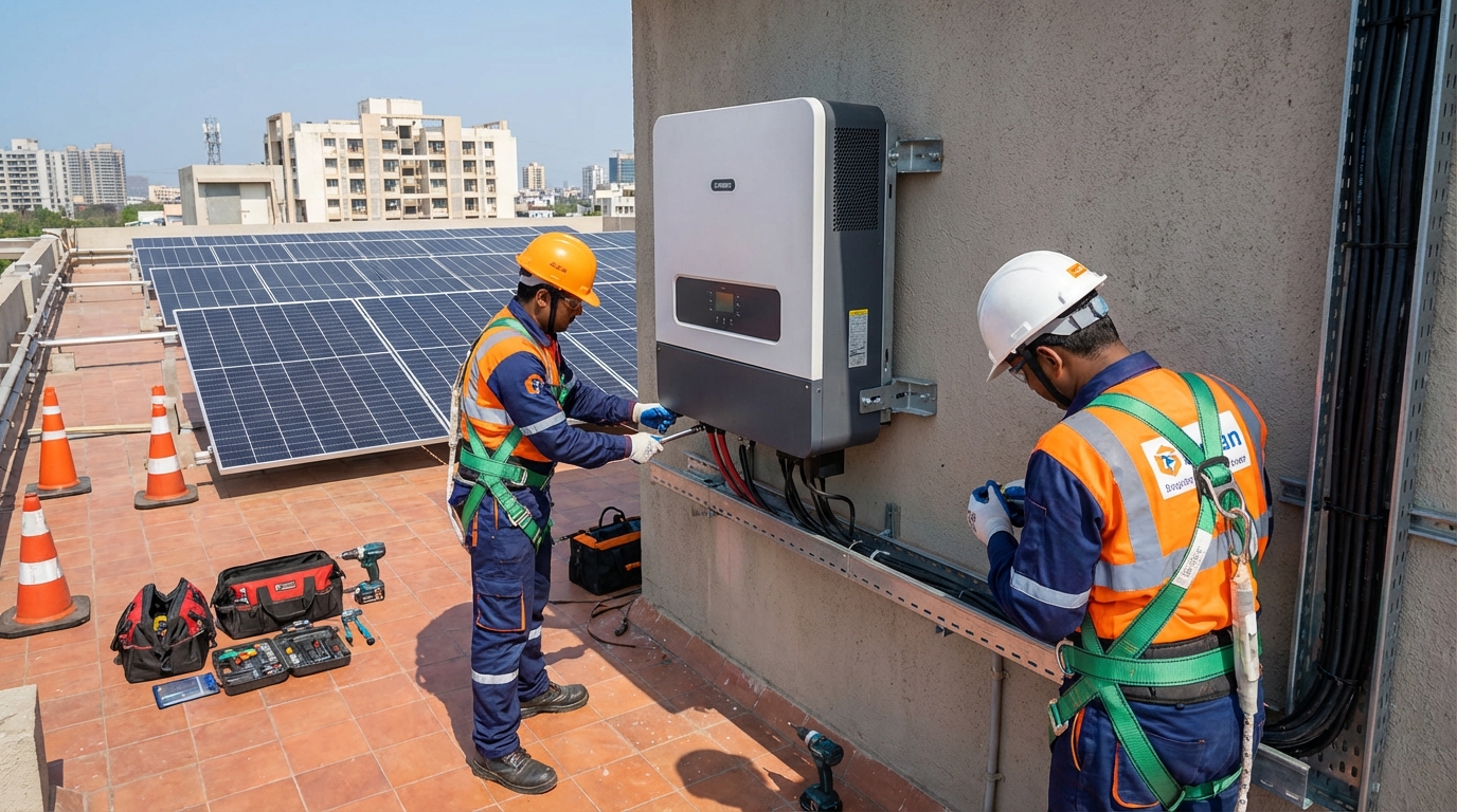Professional installation of hybrid solar inverter on Indian rooftop showing proper mounting and safety practices