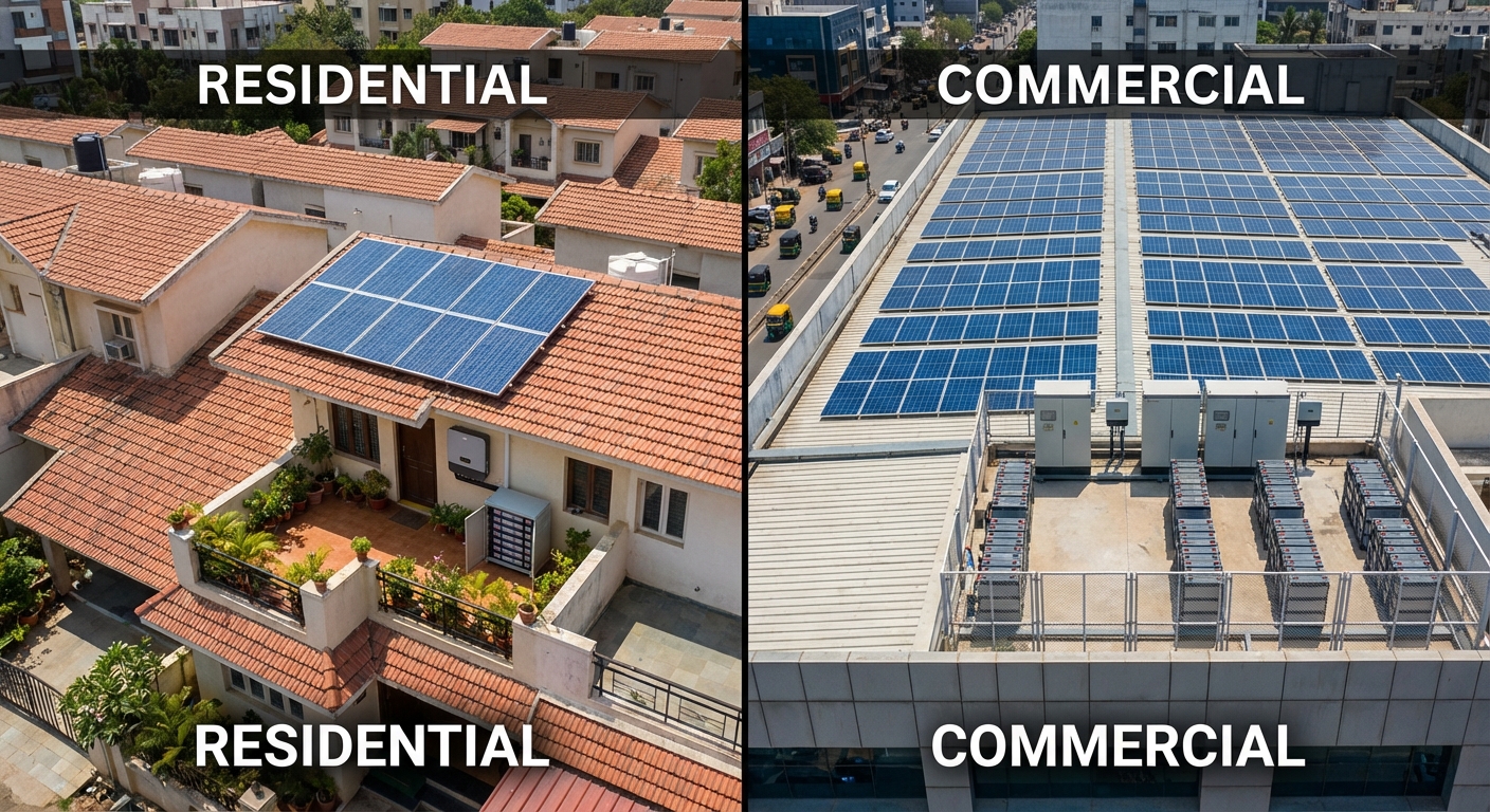 Comparison of residential and commercial hybrid inverter installations showing scale differences in India
