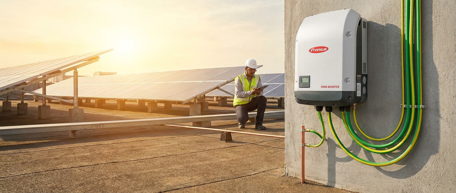 Solar inverter grounding installation with earthing cables on Indian rooftop