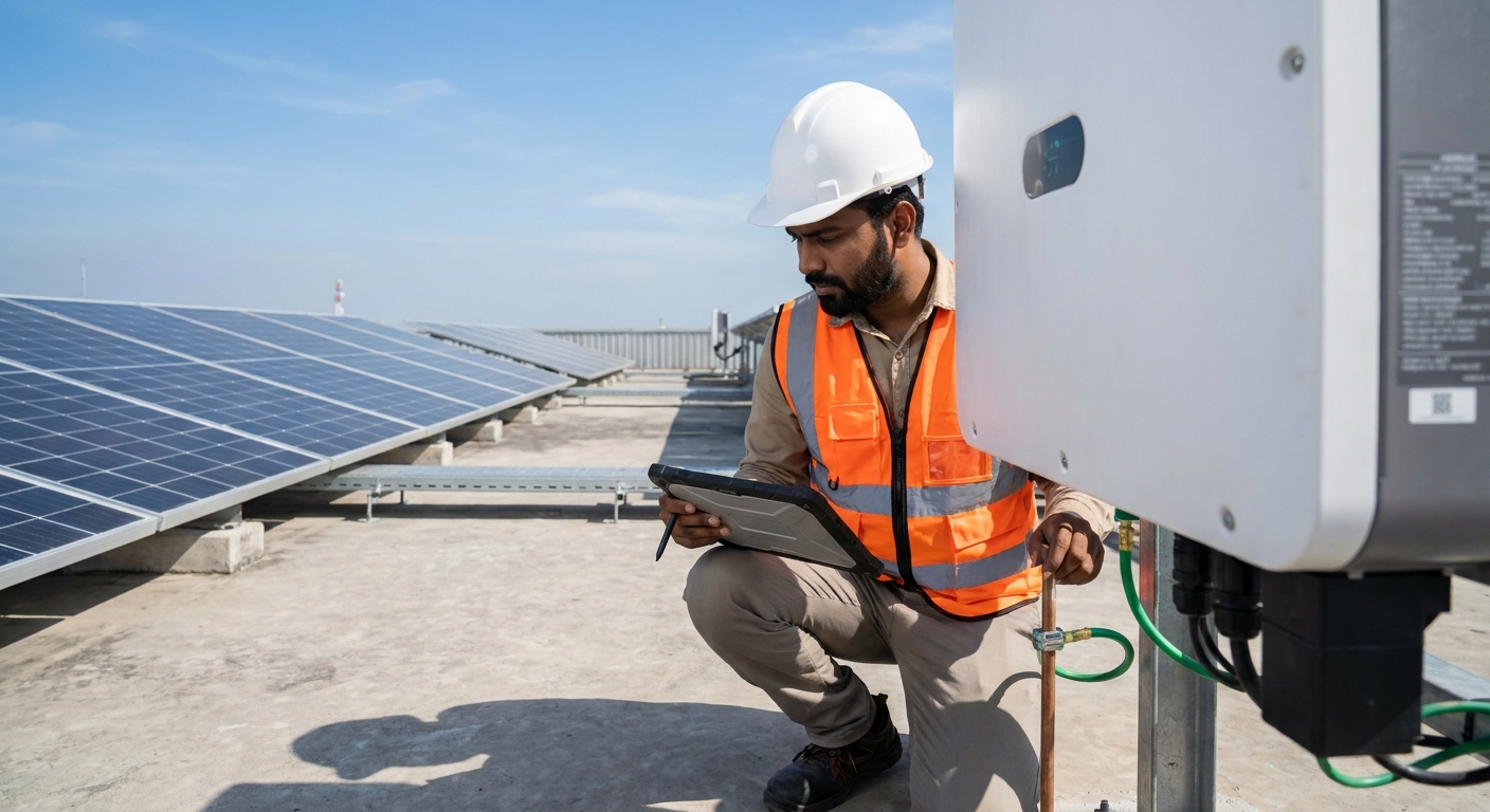 EPC engineer inspecting inverter grounding compliance on Indian commercial rooftop