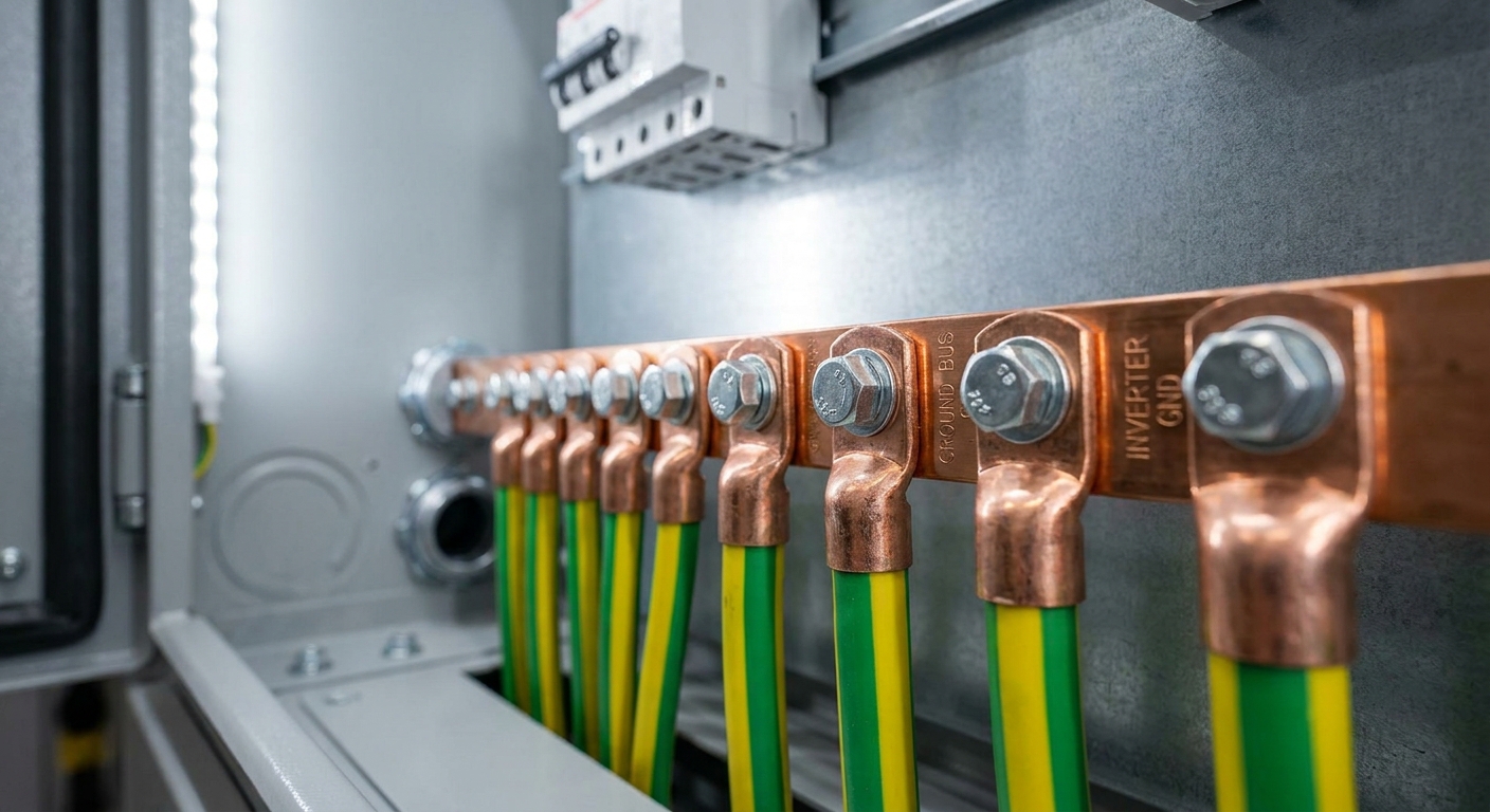 Inverter grounding conductor connections and earthing electrode installation close-up