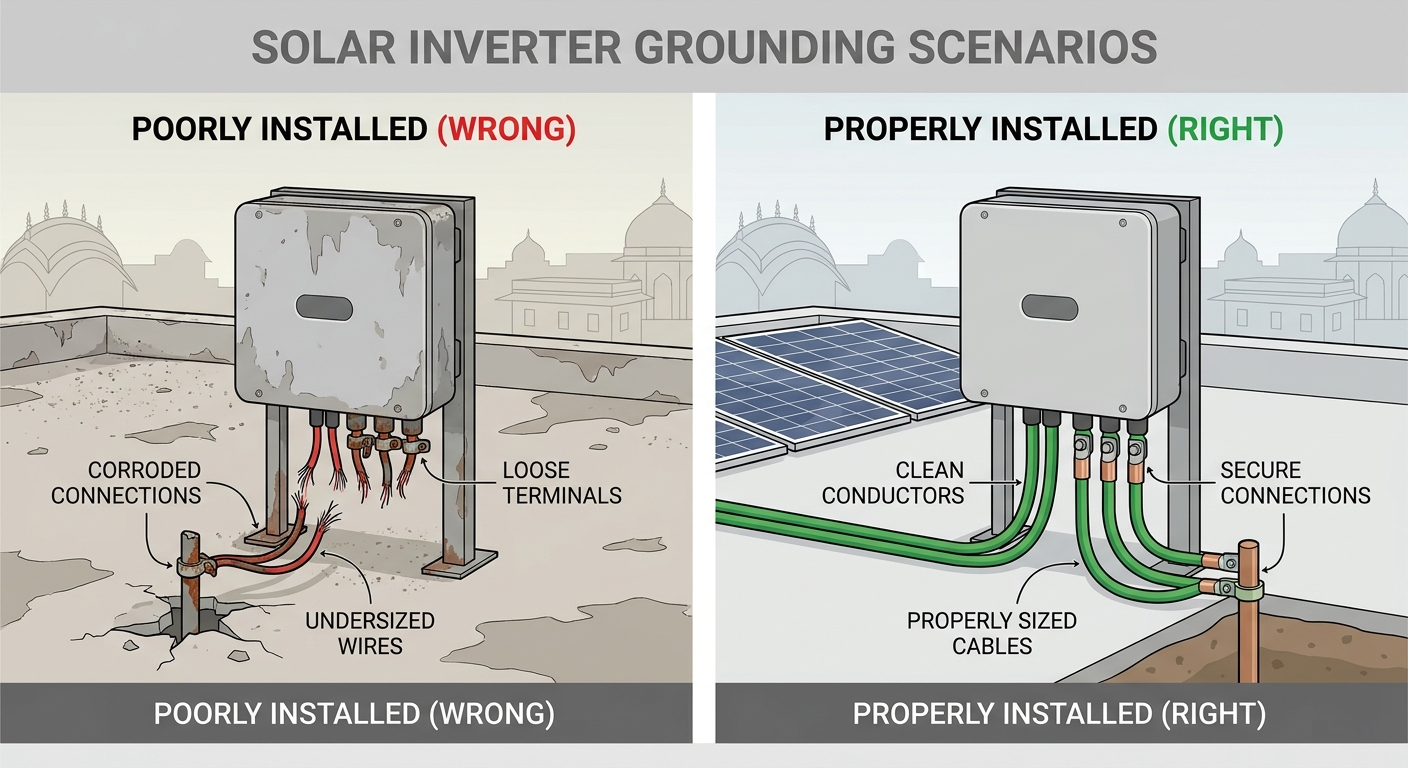 Comparison of incorrect and correct inverter grounding installation techniques