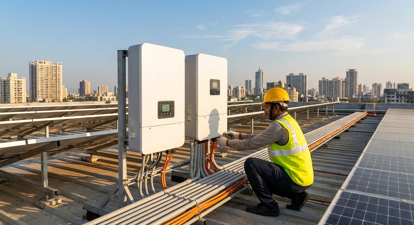 solar inverter replacement being performed on a commercial rooftop installation in India