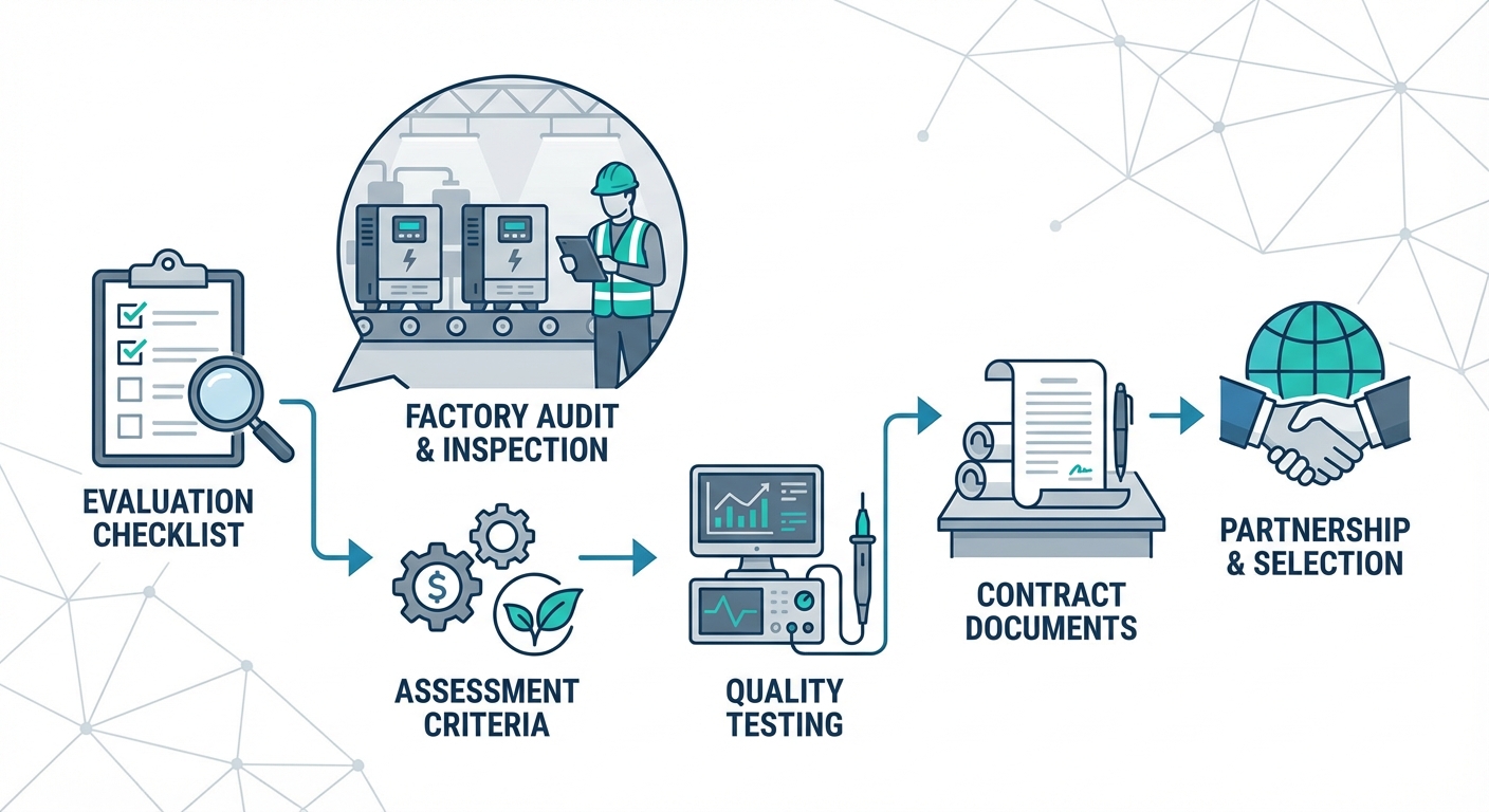 Solar inverter procurement best practices showing supplier evaluation workflow and assessment criteria for EPCs