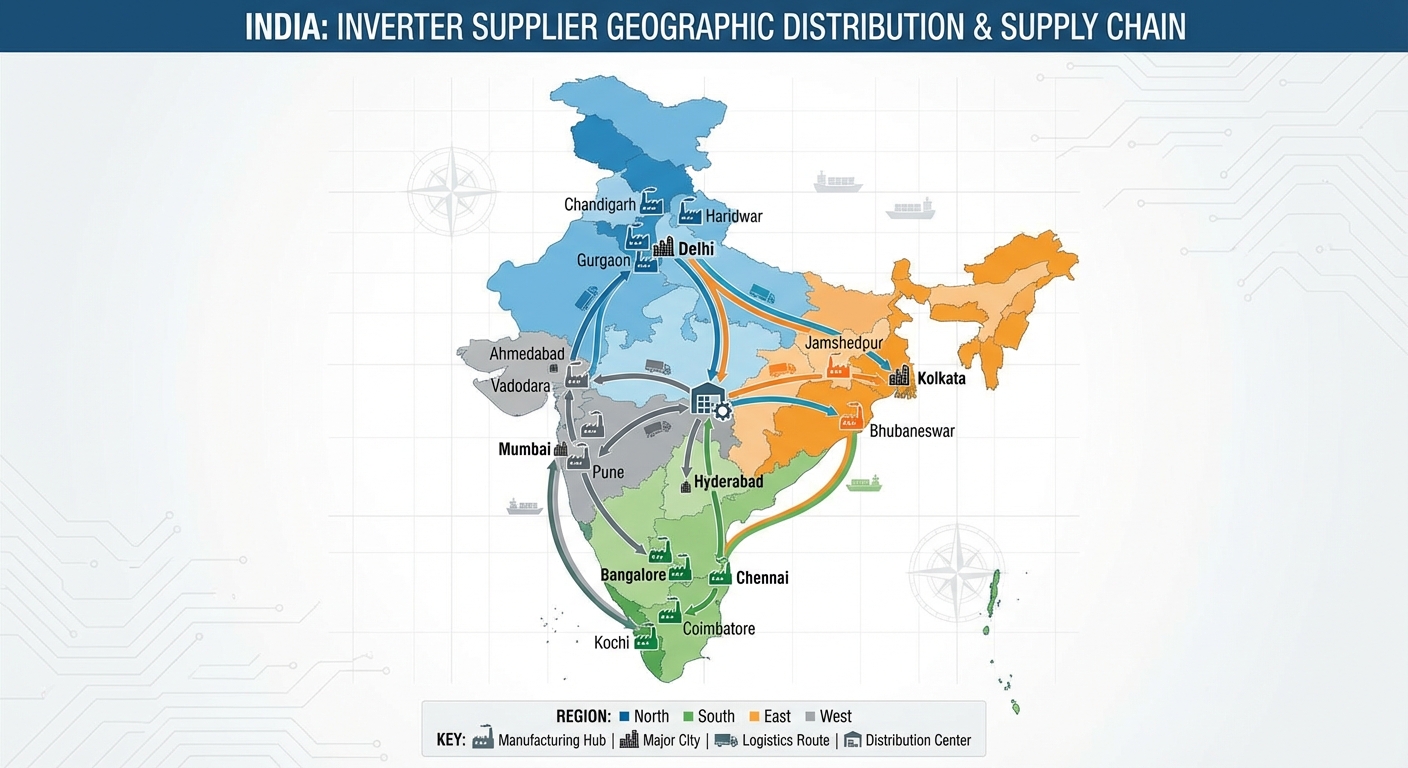 Regional mapping of inverter suppliers India showing manufacturing hubs and distribution networks across zones
