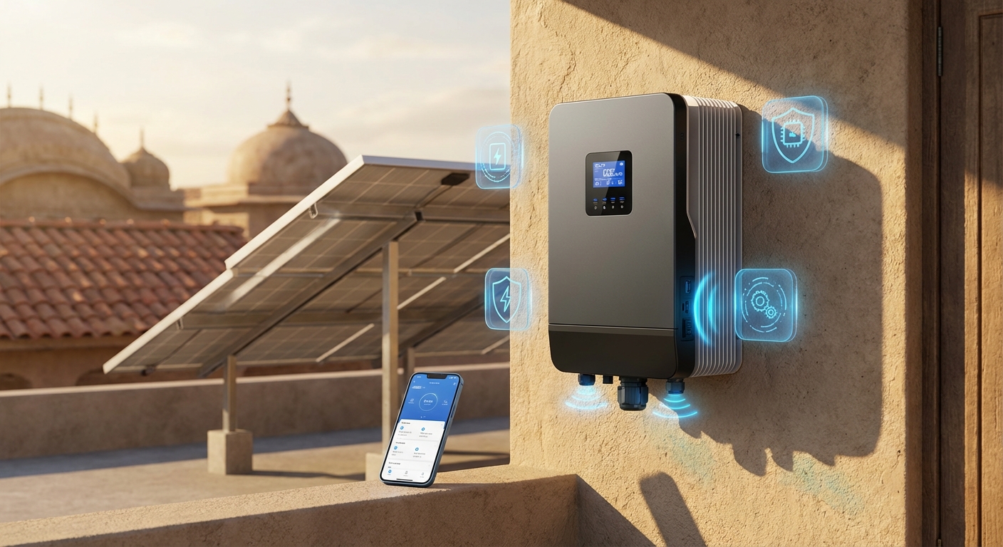 Qbits solar inverter showcasing advanced features in Indian rooftop installation context