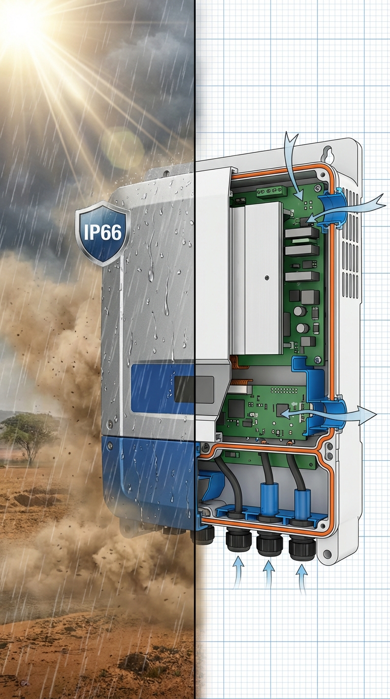 IP66 protection rating showing inverter durability in harsh weather conditions