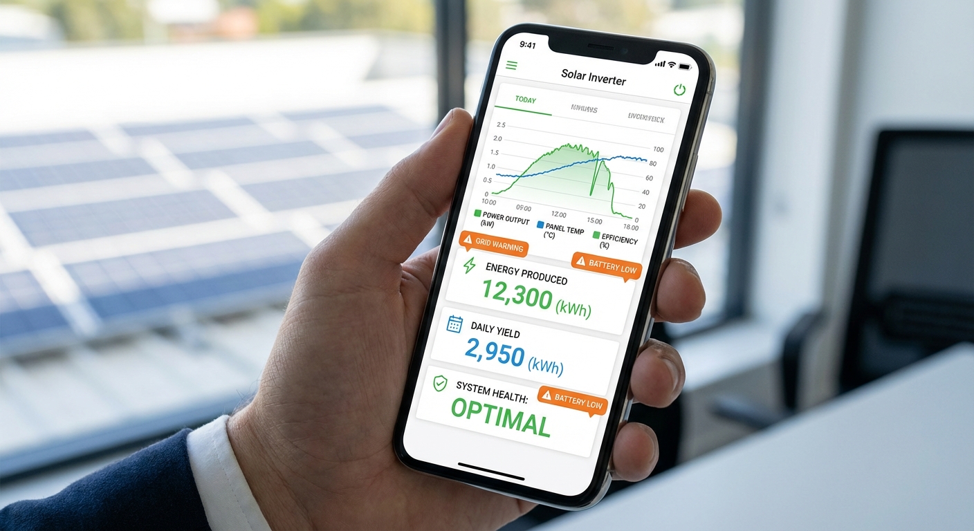 AI-powered solar inverter monitoring system showing real-time performance data and inverter failure alerts