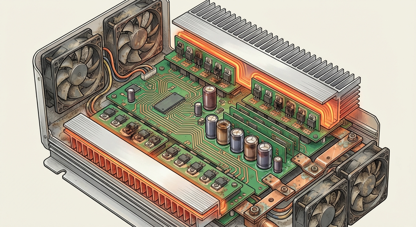 Internal components of solar inverter showing common inverter failure points and stress areas