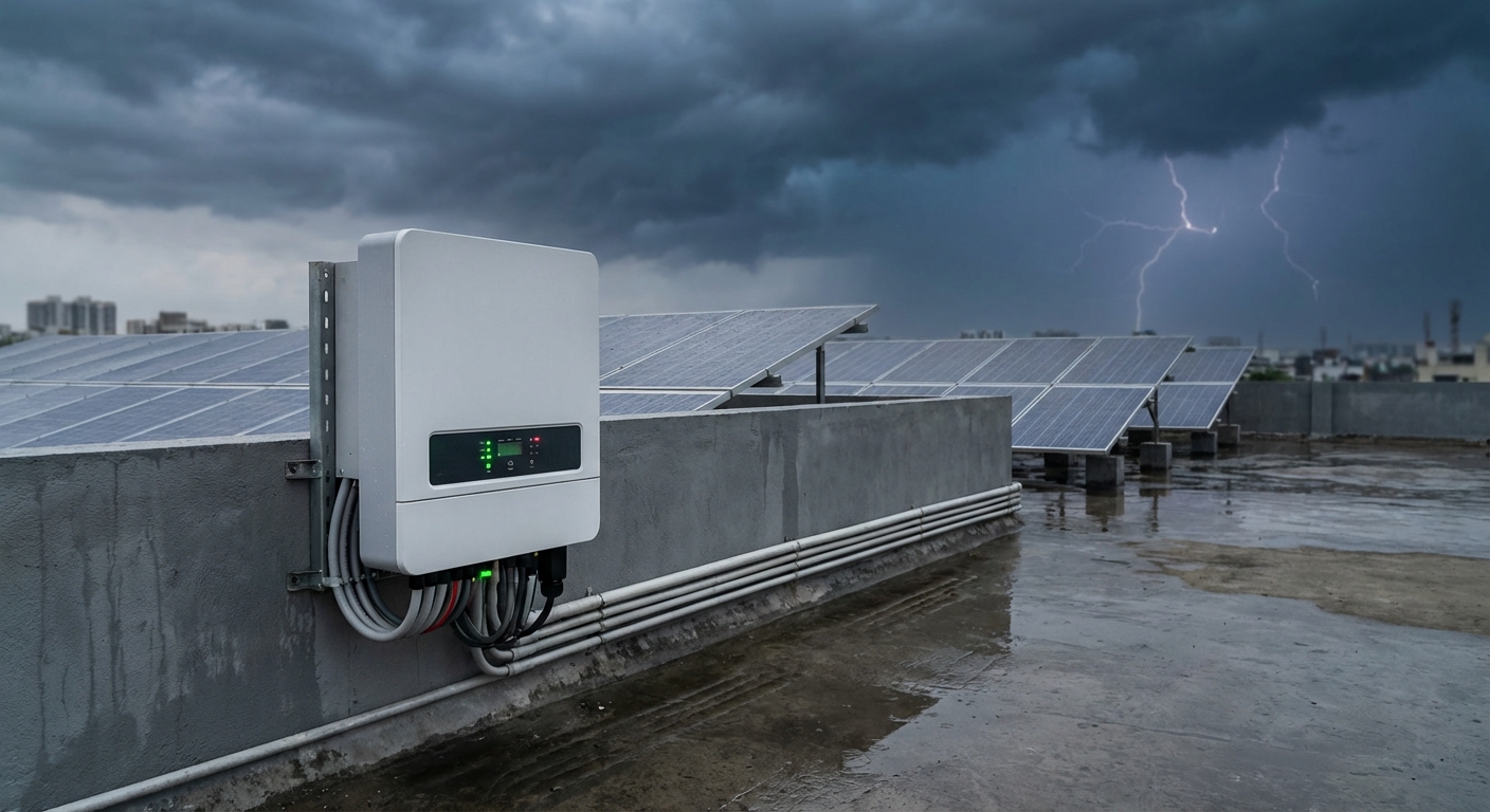 Solar inverter installation with surge protection during monsoon weather conditions in India