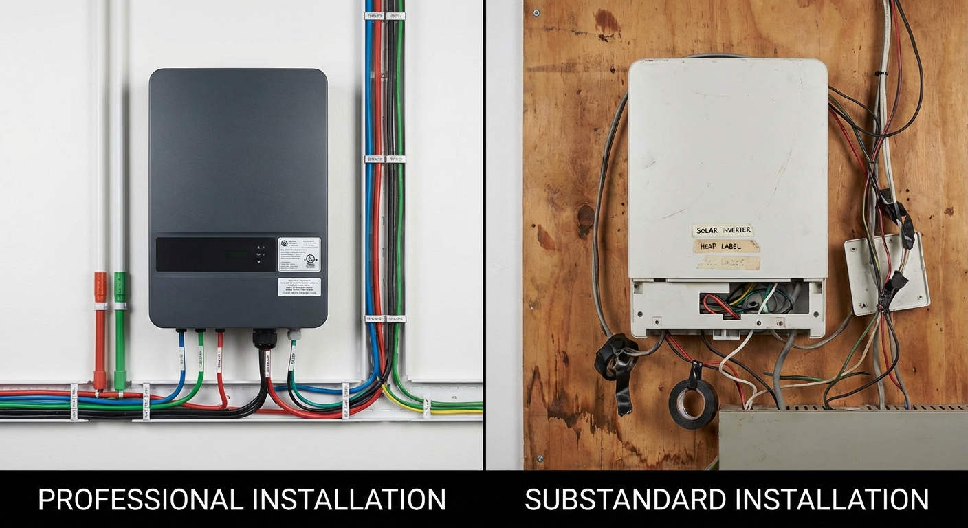 Comparison of quality versus poor surge protection installation showing professional versus substandard inverter setup
