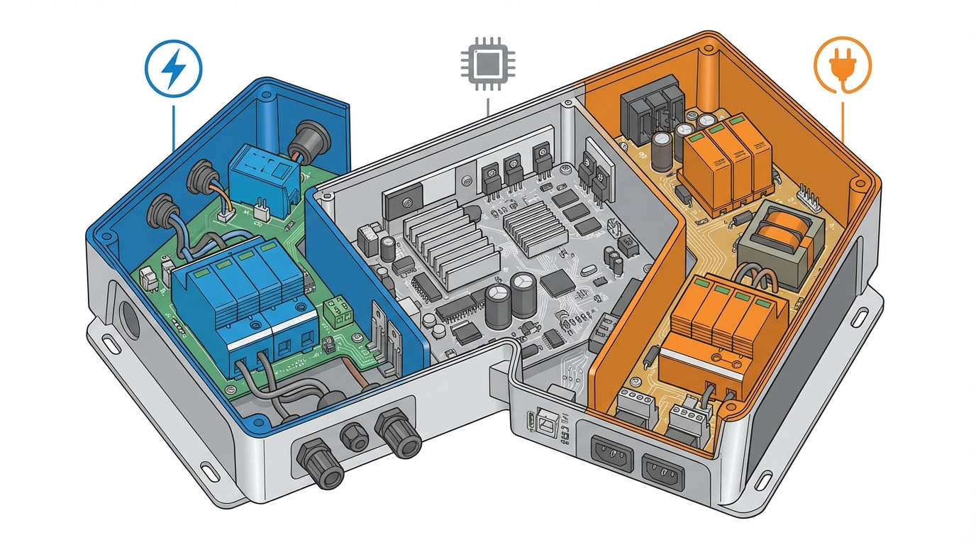 Technical illustration of integrated surge protection device architecture in solar inverter showing DC and AC SPD components